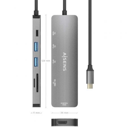 Aisens USB-C Dock 6 en 1 HDMI 4K, 2x USB-A, PD 100W, Gris